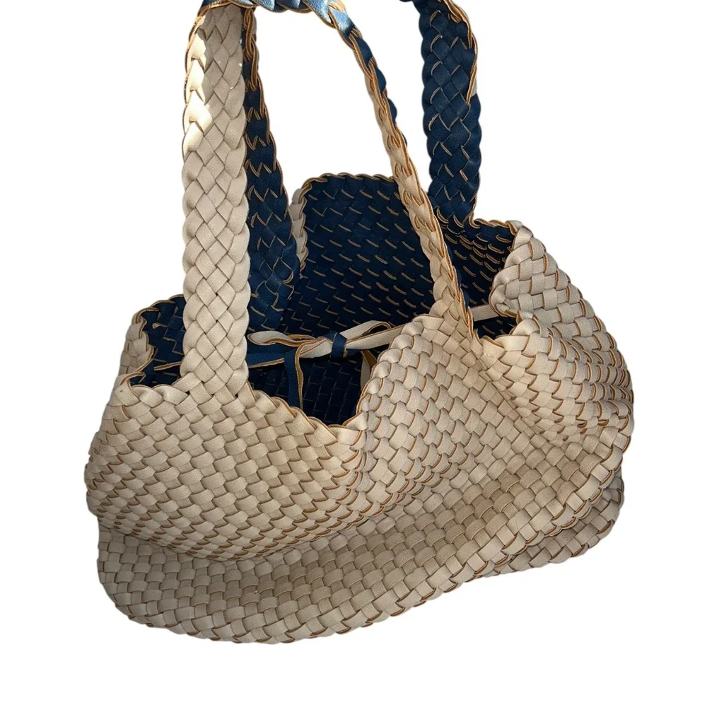 Blue bone khaki vegan leather all basket weave woven tote bag purse 40x12